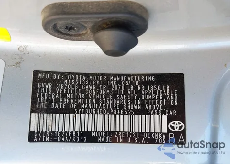 2018 Toyota Corolla Le из США, поврежденный, VIN 5YFBURHE0JP846525